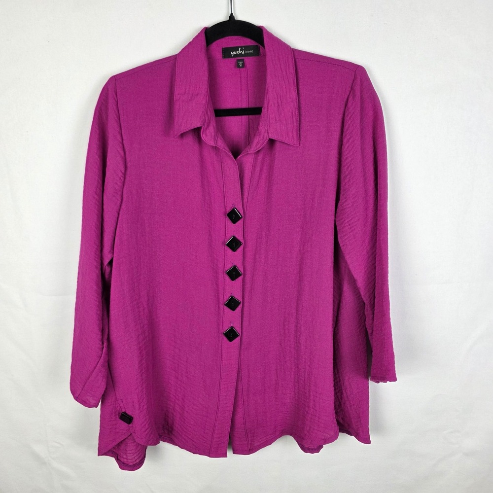 Yushi Magenta Purple Textured Lagenlook Button Up Blouse Top S 1339 Made in USA